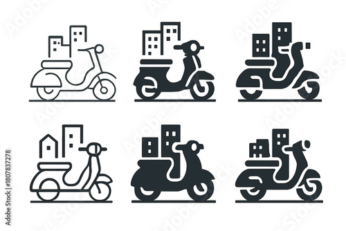Scooter Logo Variations. Riding a scooter. Icon set. Set Logo of Riding a Scooter: scooter parked beside city street. harmonious logo variations of the same