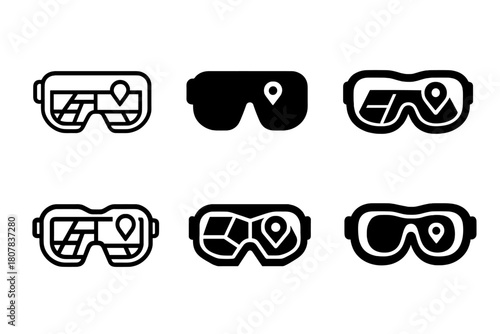 Augmented Reality Glasses Icons. Augmented reality glasses for gaming or navigation. Icon set. Set Logo of augmented reality glasses for gaming or navigation: