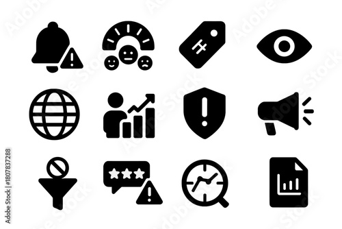 Reputation Monitoring Icons. Reputation Monitoring. Solid icon set of Reputation Monitoring: alert bell, sentiment meter, keyword tag, monitoring eye, globe