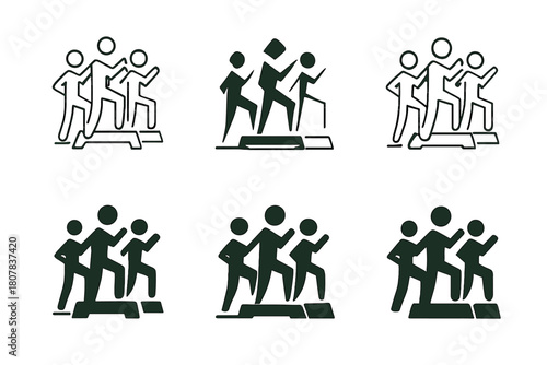 Step Aerobics Logos. Step aerobics. Icon set. Set Logo of Step aerobics: Group class. harmonious logo variations of the same emblematic concept (Symmetrical