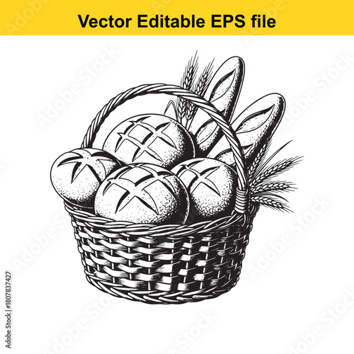Handdrawn vector illustration of a basket filled with freshly baked bread, including round loaves and baguettes isolated on