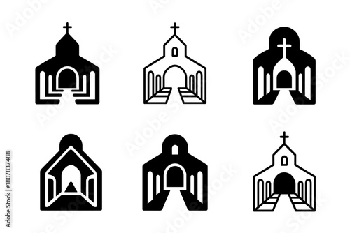 Church Architecture Icons. The development of Christian church architecture. Icon set. Set Logo of The development of Christian church architecture: Nave
