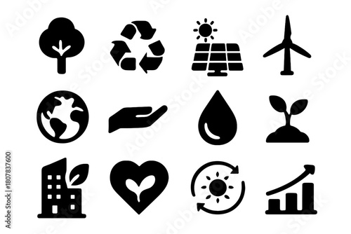 Environmental Icons Grid. Environmental responsibility. Solid icon set of Environmental responsibility: tree, recycling symbol, solar panel, wind turbine,