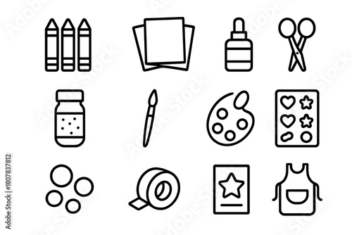 Kids' Craft Tools. Kids? craft corner. Line icon set of kids? craft corner: crayons, colored paper, glue stick, safety scissors, glitter jar, paintbrush,