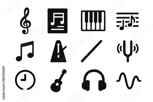 Musical Composition Icons. Musical Composition. Solid icon set of Musical Composition: treble clef, sheet music, piano keys, notes, staff lines, metronome,