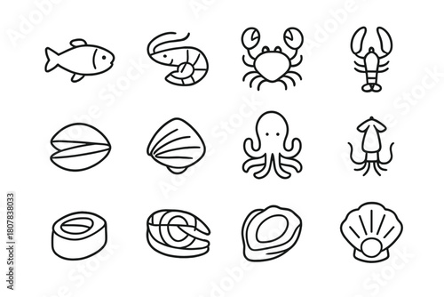 Seafood Icon Set. Seafood. Line icon set of Seafood: fish, shrimp, crab, lobster, mussel, clam, octopus, squid, sushi, salmon, oyster, scallop. All outline
