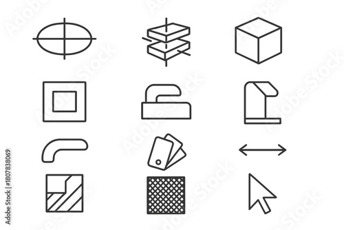 Industrial Icons Line Art. Industrial design sketch. Line icon set of industrial design sketch: ellipse guide, centerline, exploded view, orthographic front,