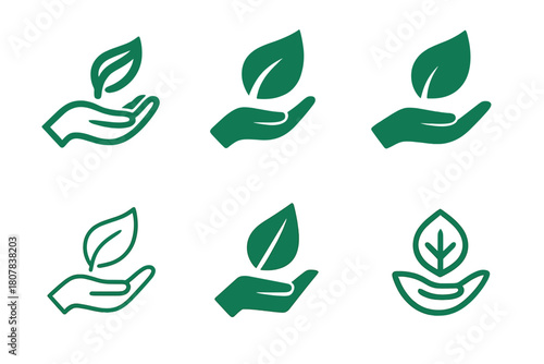 Biodiversity Icon Set. Biodiversity preservation. Icon set. Set Logo of biodiversity preservation: hand holding leaf. harmonious logo variations of the same