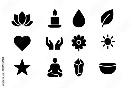 Holistic Healing Icons. Holistic healing. Solid icon set of holistic healing: lotus, candle, water drop, leaf, heart, hands, flower, sun, star, meditation