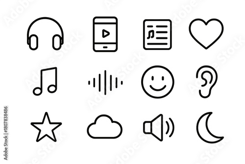 Music Icon Set. Music lovers. Line icon set of music lovers: headphones, heart, music note, vinyl record, speaker, smartphone, microphone, guitar, piano keys,