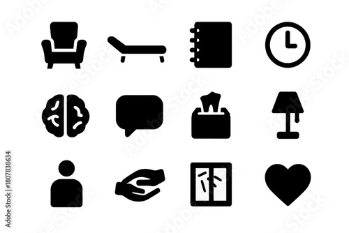Psychotherapy Icon Set. Psychotherapy session. Solid icon set of Psychotherapy session: therapist chair, couch, notebook, clock, brain, talking bubble,