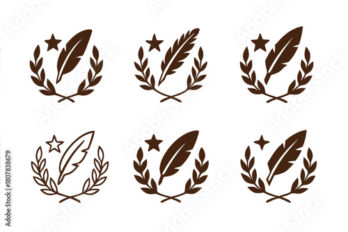 Poetic Expression Logos. Poetic expression. Icon set. Set Logo of poetic expression: laurel wreath encircling a quill and star. harmonious logo variations of
