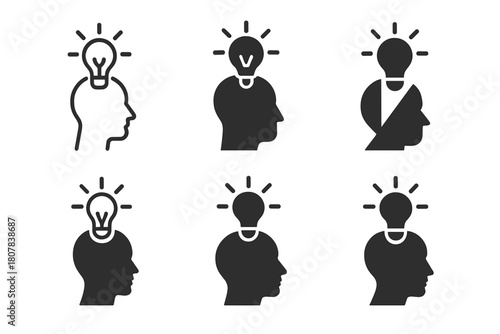 Creative Epiphany Logos. Unexpected epiphany. Icon set. Set Logo of unexpected epiphany: light bulb suddenly igniting above a head silhouette. harmonious logo