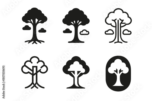 Tall Tree Logos. Tall tree reaching sky. Icon set. Set Logo of tall tree reaching sky: single oak tree under clouds. harmonious logo variations of the same
