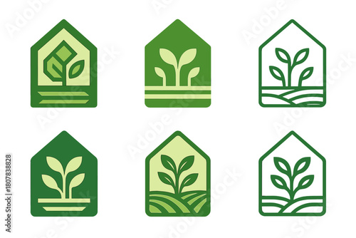 Sustainable Farming Icons. Sustainable farming. Icon set. Set Logo of Sustainable farming: Tractor in field. harmonious logo variations of the same emblematic