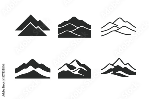Diverse Mountain Logos. Distant Mountains. Icon set. Set Logo of Distant Mountains: Layered mountain ridges. harmonious logo variations of the same emblematic