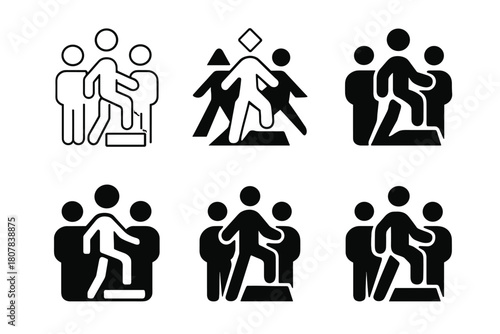 Step Aerobics Logos. Step aerobics. Icon set. Set Logo of Step aerobics: Group class. harmonious logo variations of the same emblematic concept (Symmetrical