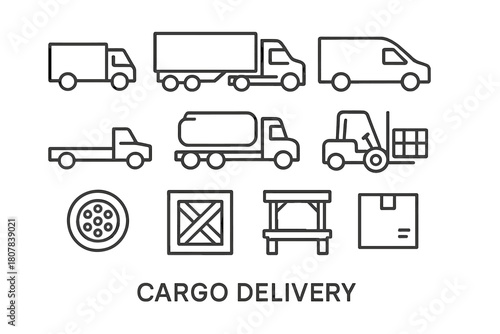 Cargo Icon Set. Cargo delivery. Line icon set of cargo delivery: delivery truck, semi-trailer, cargo truck, van, flatbed, fuel tanker, forklift, pallet, wheel,