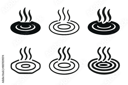 Hot Spring Family Adventure. A family exploring a natural hot spring in a remote mountain area. Icon set. Set Logo of Hot Spring Pool: Circular spring with