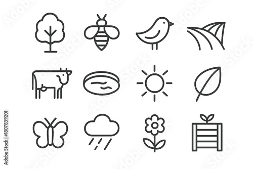 Farm Icon Set. Farm ecosystem. Line icon set of farm ecosystem: tree, bee, bird, crop field, cow, pond, sun, leaf, butterfly, rain cloud, flower, compost bin.