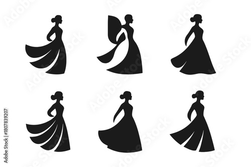 Dynamic Model Logos. model in motion. Icon set. Set Logo of model in motion: flowing dress in motion. harmonious logo variations of the same emblematic