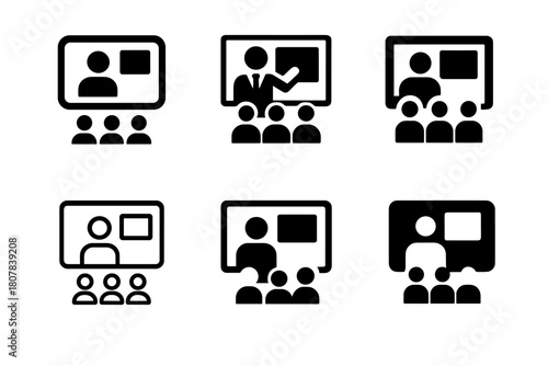 Virtual Event Icons. Virtual events. Icon set. Set Logo of virtual events: online audience icons. harmonious logo variations of the same emblematic concept,
