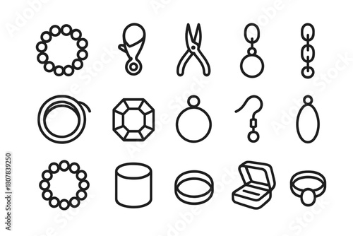 Jewelry Making Icons. Jewelry making. Line icon set of jewelry making: bead string, clasp, pliers, chain, wire coil, gemstone, charm, earring hook, pendant,