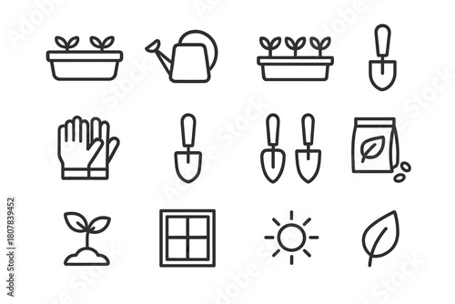 Urban Gardening Icons. Urban Gardening. Line icon set of Urban Gardening: balcony pot, watering can, herb tray, shovel, gloves, small spade, trowel, seeds,