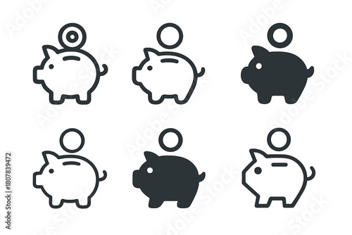 Monthly Expense Logos. Tracking monthly expenses. Icon set. Set Logo of tracking monthly expenses: piggy bank with coin drop and monthly label. harmonious logo