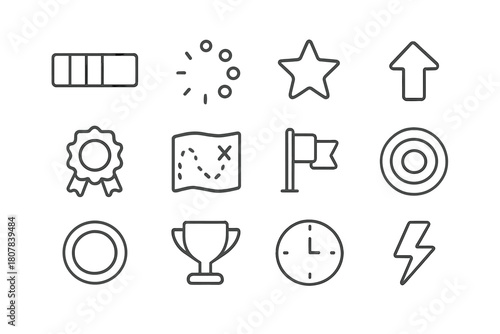 Game Progress Icons. Game Progress. Line icon set of Game Progress: progress bar, loading circle, star, arrow up, badge, map, checkpoint flag, goal target,