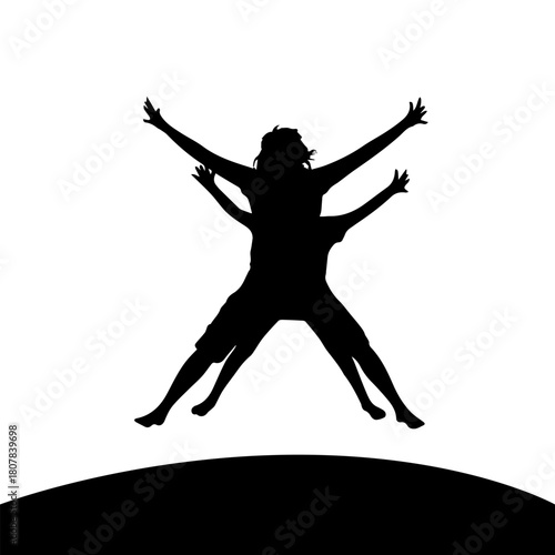 Silhouette of happy jumping people. Mother and daughter. Hand drawn. Not AI, vector illustration.