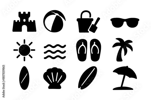 Seaside Icon Set. Seaside Fun. Solid icon set of Seaside Fun: sandcastle, beach ball, bucket, spade, sunglasses, sun, waves, flip flops, palm tree, surfboard,