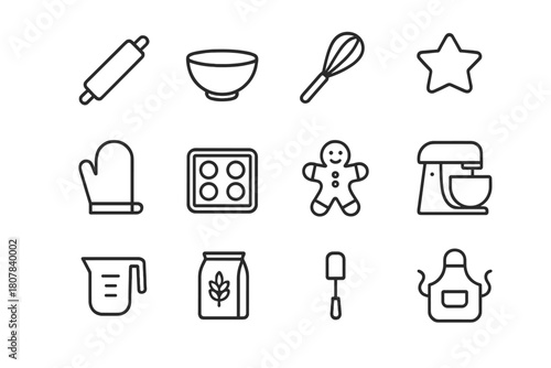Holiday Baking Icons. Holiday baking day. Line icon set of holiday baking day: rolling pin, mixing bowl, whisk, cookie cutter, oven mitt, baking sheet,