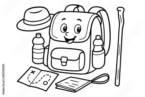 Pilgrimage Backpack Essentials. Pilgrimage backpack basics children?s coloring book illustration, outlined drawing, a cheerful backpack with a water bottle,