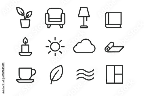 Workplace Calm Icons. Workplace Calm Spaces. Line icon set of Workplace Calm Spaces: plant, chair, lamp, book, candle, sun, cloud, yoga mat, cup, leaf, wave