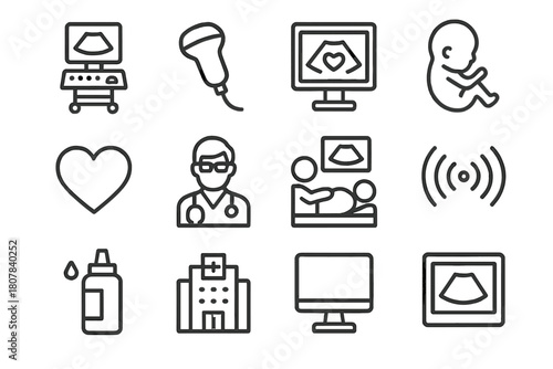 Ultrasound Icon Set. Ultrasound imaging. Line icon set of ultrasound imaging: ultrasound machine, probe, screen, fetus, heart, doctor, patient, waves, gel