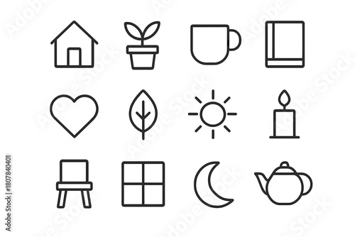 Simple Living Icons. Simple living. Line icon set of simple living: house, plant, cup, book, heart, leaf, sun, candle, chair, window, moon, tea pot. All