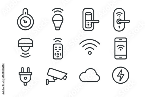 Home Automation Icons. Home automation. Line icon set of home automation: thermostat, smart light, smart speaker, door lock, motion sensor, remote control,