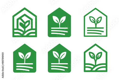 Sustainable Farming Icons. Sustainable farming. Icon set. Set Logo of Sustainable farming: Tractor in field. harmonious logo variations of the same emblematic