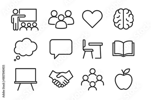 SEL Classroom Icons. SEL classroom. Line icon set of SEL classroom: teacher, students, heart, brain, thought bubble, speech bubble, desk, book, chalkboard,