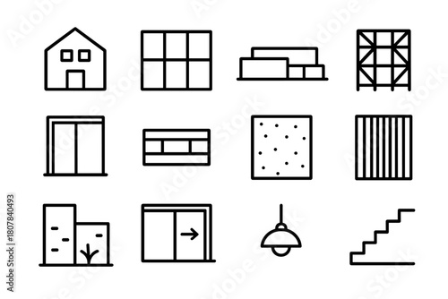 Modern Architecture Icons. Modern Architecture. Line icon set of Modern Architecture: cube house, glass wall, flat roof, steel frame, large window, balcony,