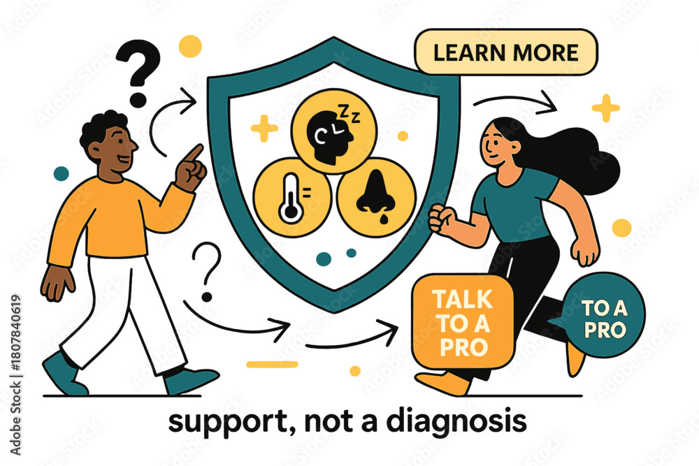 Obraz premium Health AI Q&A Scene. AI Assistants ? Health Q&A. A calm shield surrounds symptom icons; arrows route questions to a ?learn more? card and a ?talk to a pro?
