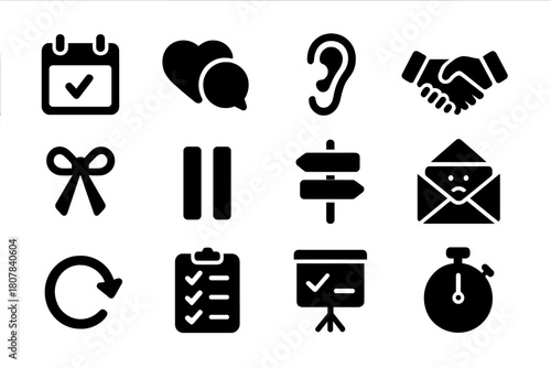 Communication Icon Set. Communication and Check-ins. Solid icon set of Communication and Check-ins: calendar reminder, heart chat, empathy ear, handshake,