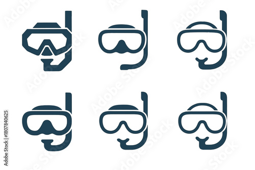 Snorkeling Mask Logos. Snorkeling mask. Icon set. Set Logo of Snorkeling mask: Mask strap detail. harmonious logo variations of the same emblematic concept,