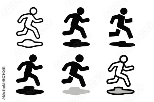 Puddle Jump Icons. Jumping over puddles. Icon set. Set Logo of Jumping over puddles: Person mid-jump over puddle. harmonious logo variations of the same