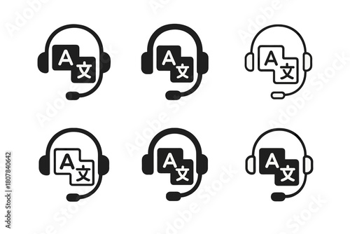 Translation Icons Set. Language translation and interpretation services. Icon set. Set Logo of language translation and interpretation services: headphones