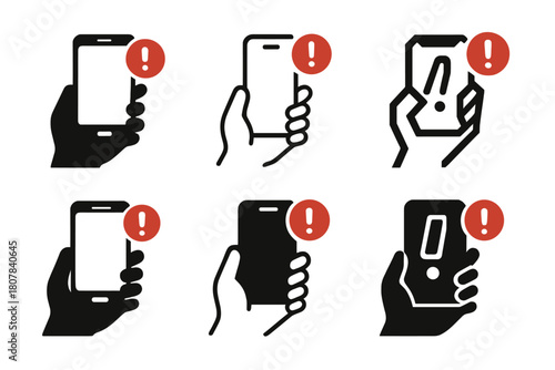 Notification Emotion Icons. Emotional weight of notifications. Icon set. Set Logo of emotional weight of notifications: hand holding smartphone with alert.