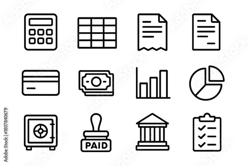 Financial Icon Set. Financial gain. Solid icon set of financial gain: dollar sign, coin stack, graph, arrow up, briefcase, hand, bag, calculator, shield,