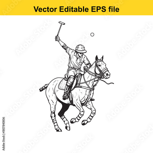 A dynamic black and white vector illustration capturing the intensity of a polo match, showcasing a player riding a horse while swinging a mallet