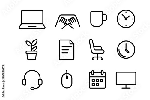 Remote Work Icons. Remote Work. Line icon set of Remote Work: laptop, hands typing, coffee mug, phone, plant, document, chair, clock, headset, mouse, calendar,